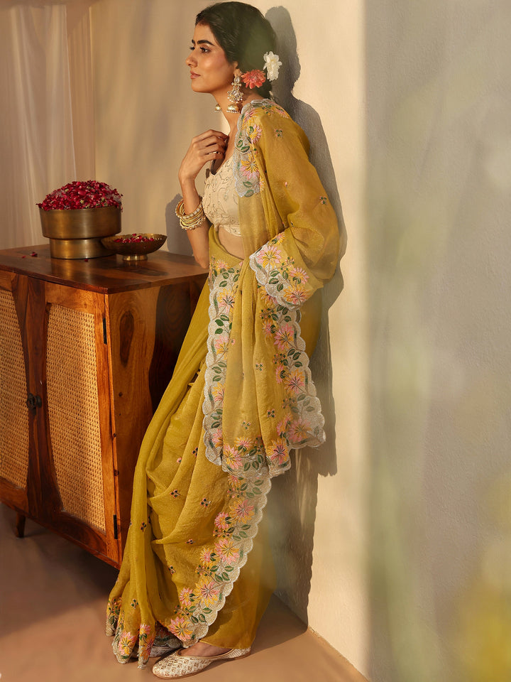 Yellow Floral Embroidered Tissue Saree