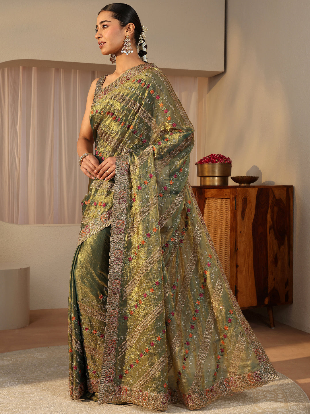 Green Floral Embroidered Tissue Saree