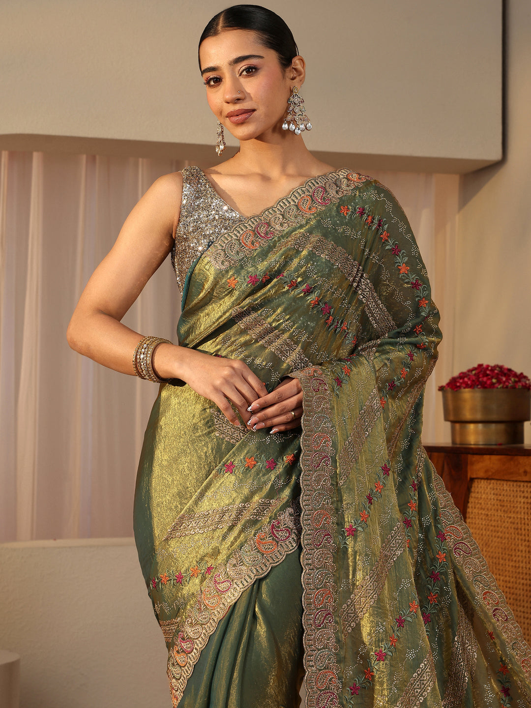 Green Floral Embroidered Tissue Saree