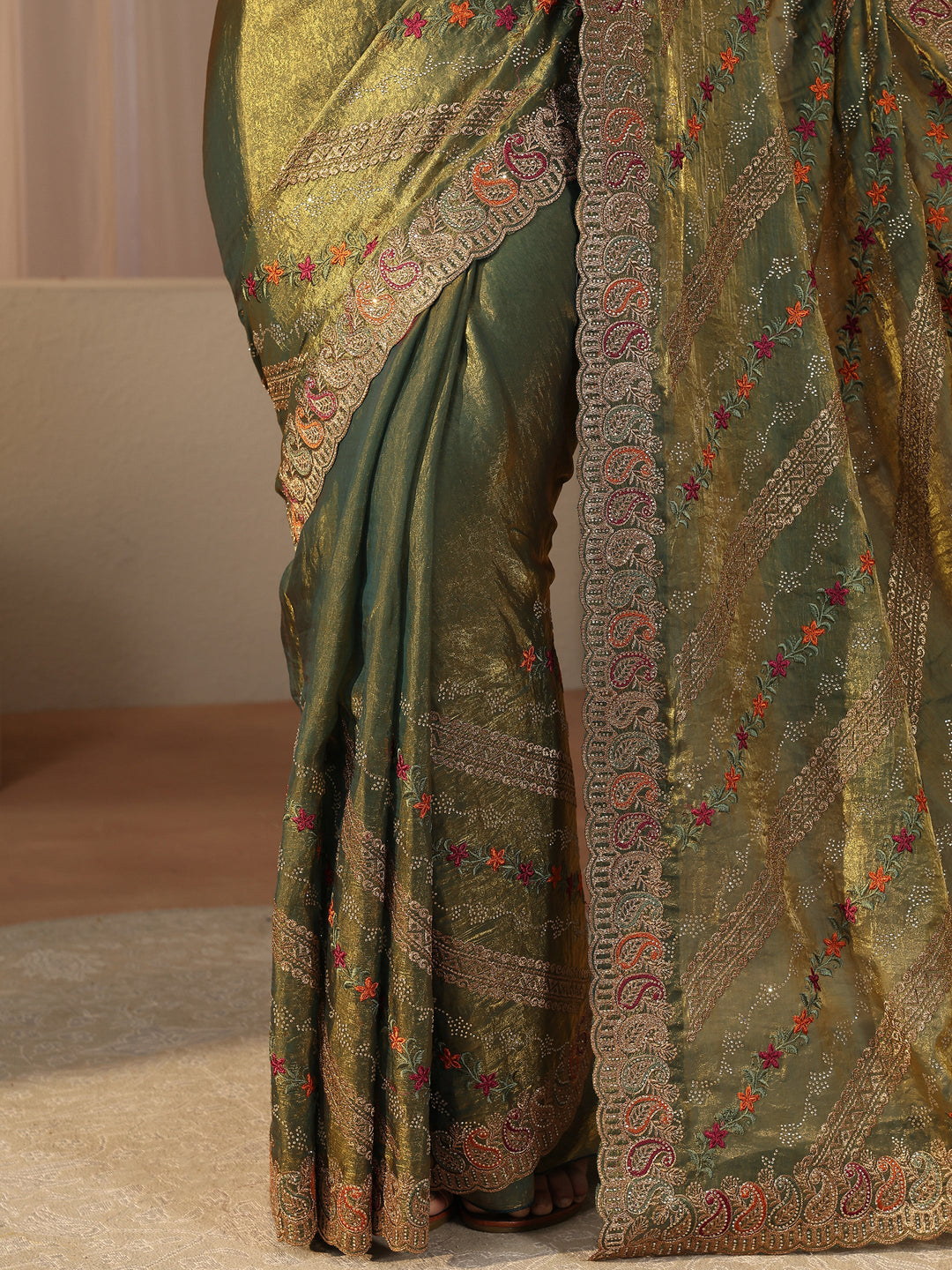 Green Floral Embroidered Tissue Saree