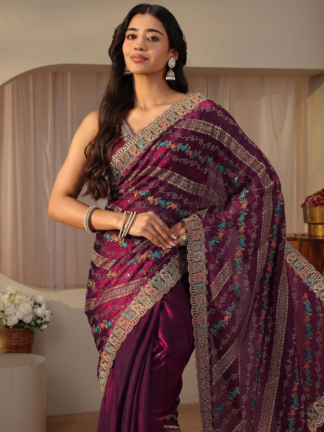Burgundy Floral Embroidered Tissue Saree