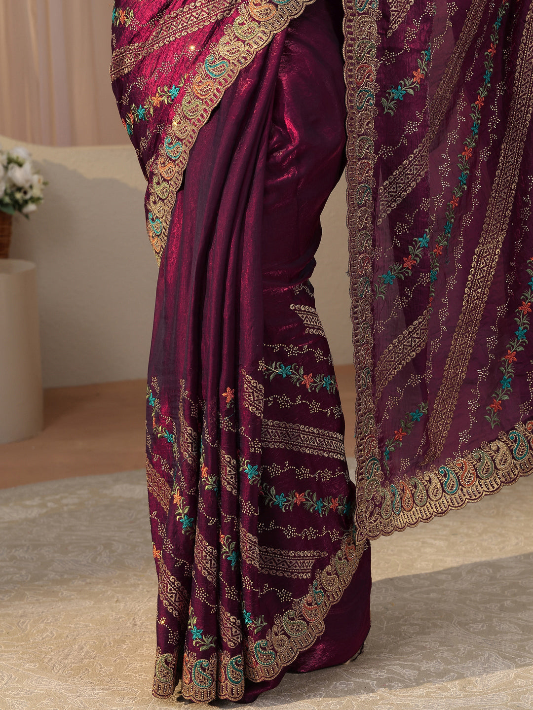 Burgundy Floral Embroidered Tissue Saree