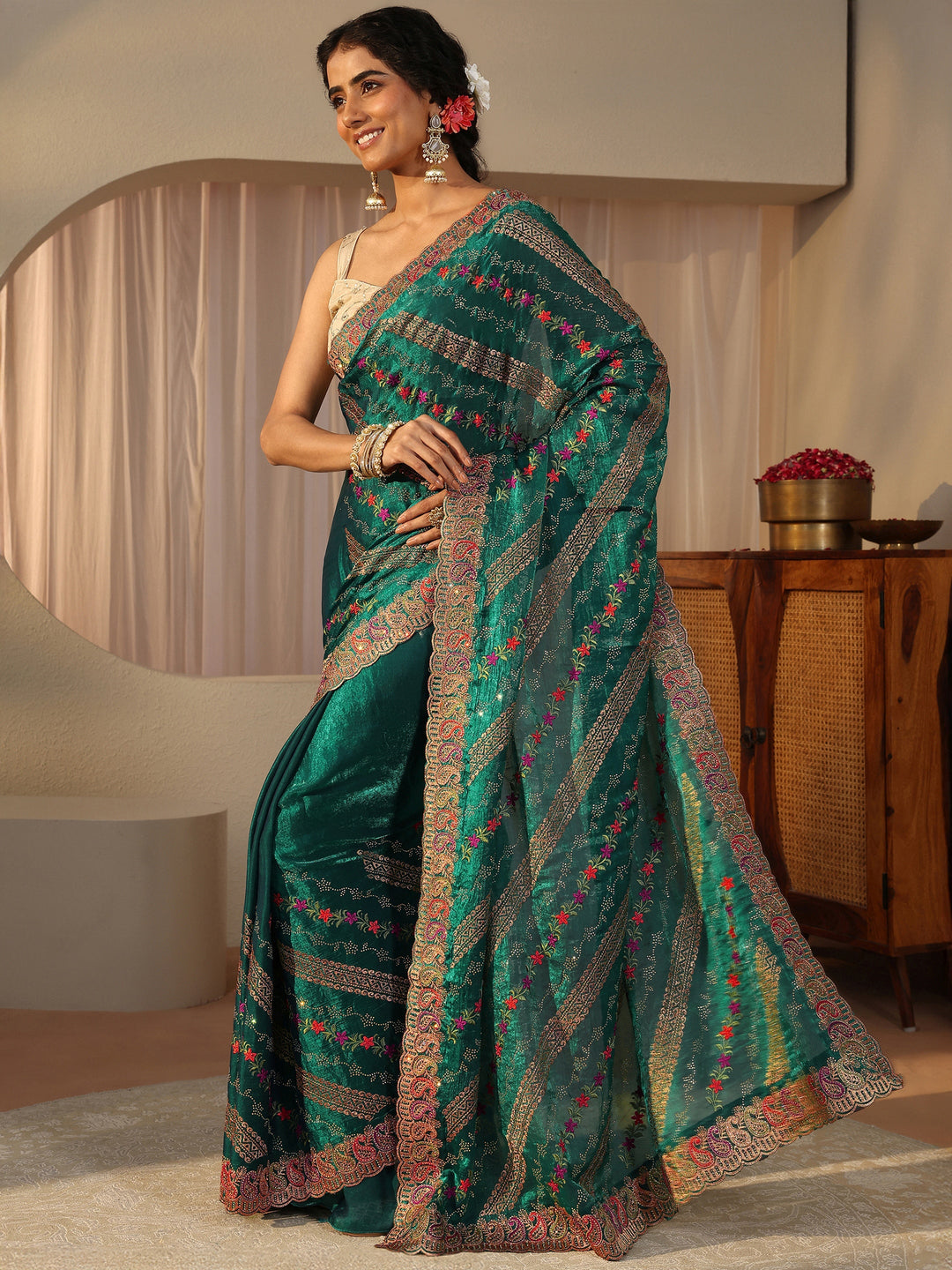 Green Floral Embroidered Tissue Saree