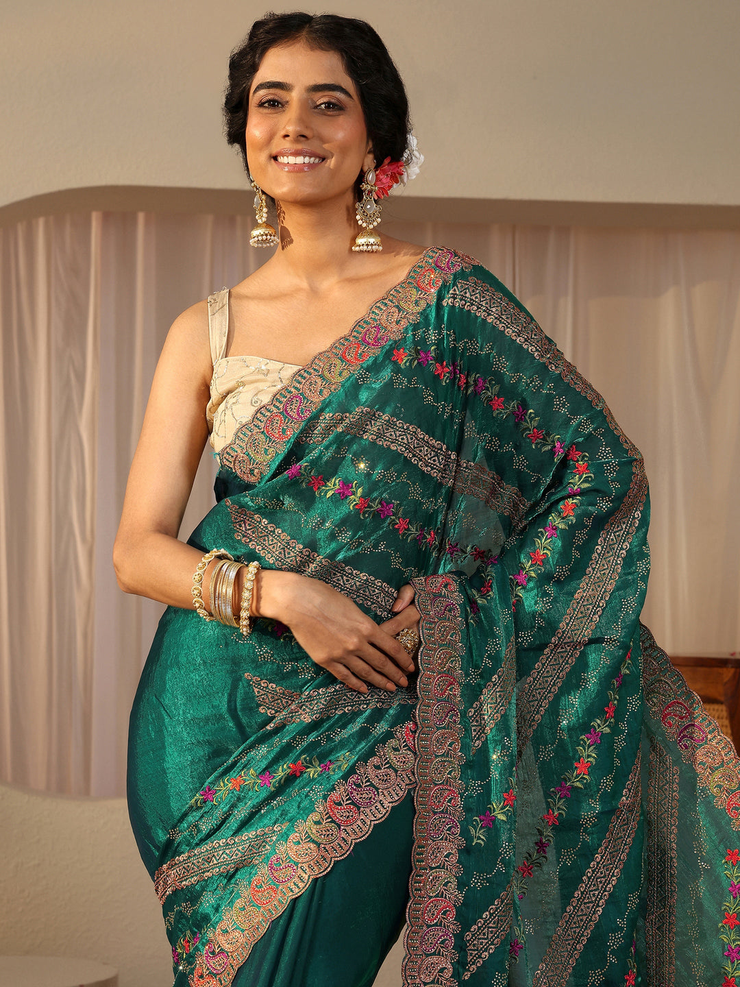 Green Floral Embroidered Tissue Saree