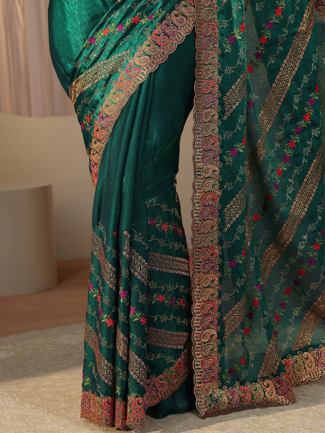 Green Floral Embroidered Tissue Saree