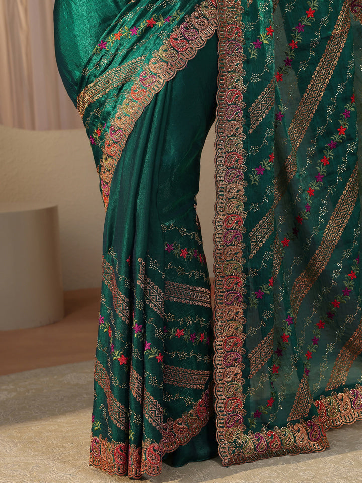 Green Floral Embroidered Tissue Saree
