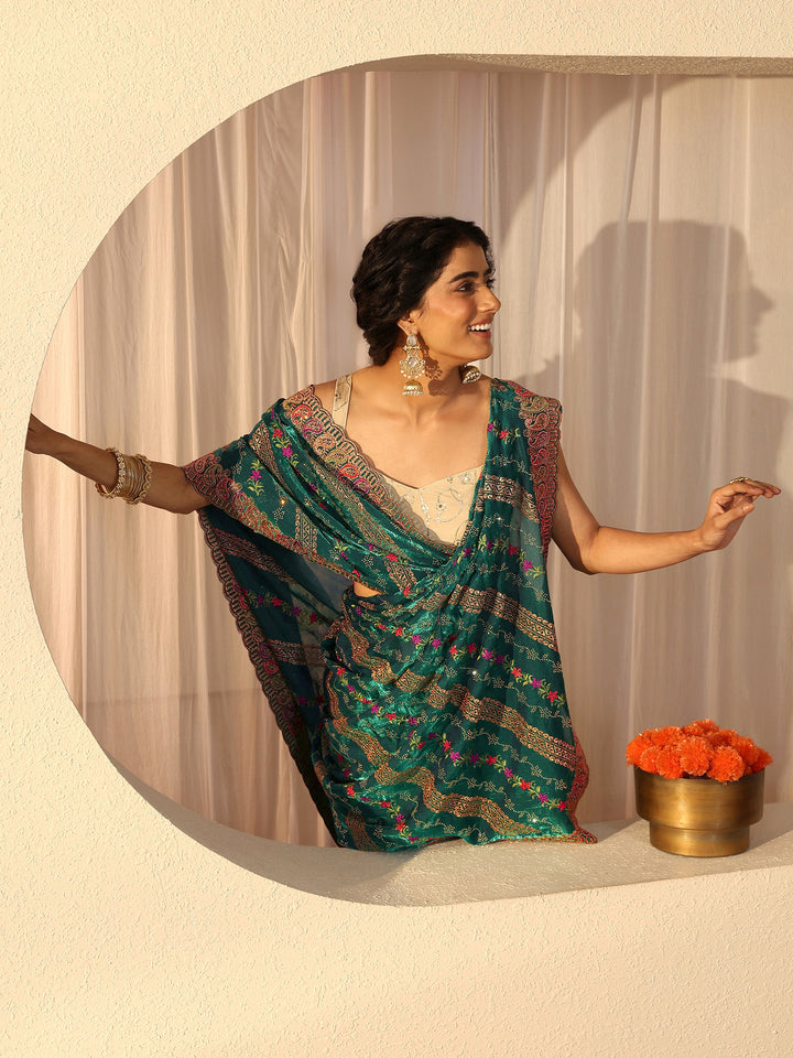 Green Floral Embroidered Tissue Saree