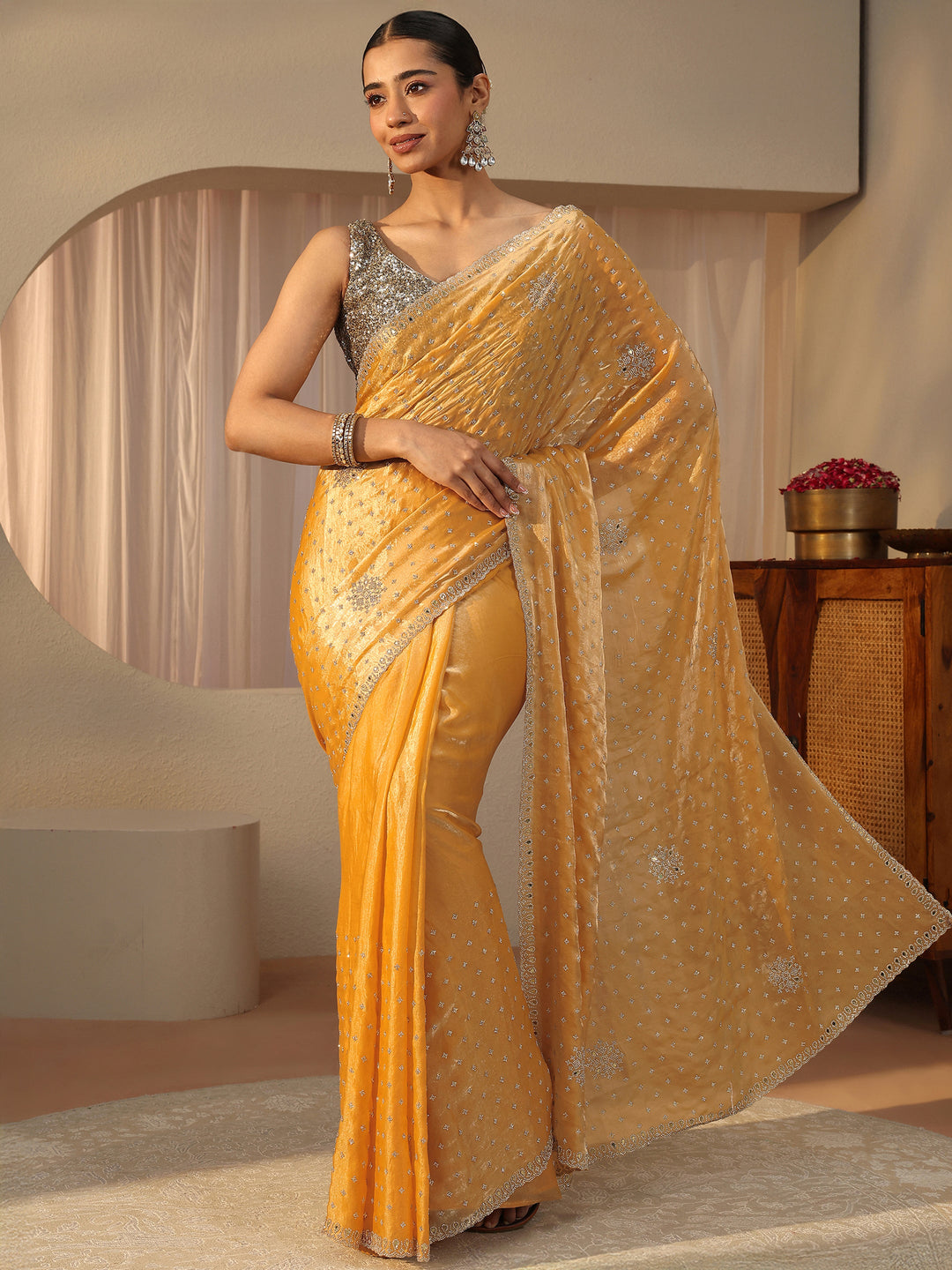 Mustard Embellished Tissue Saree