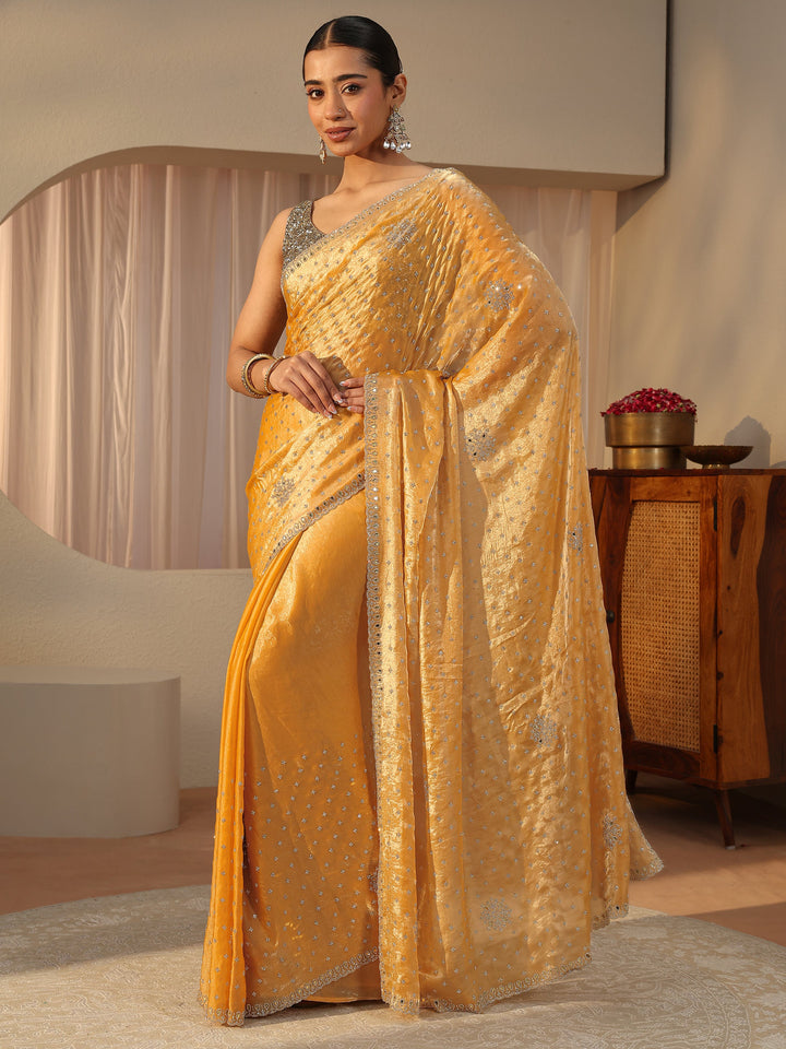Mustard Embellished Tissue Saree