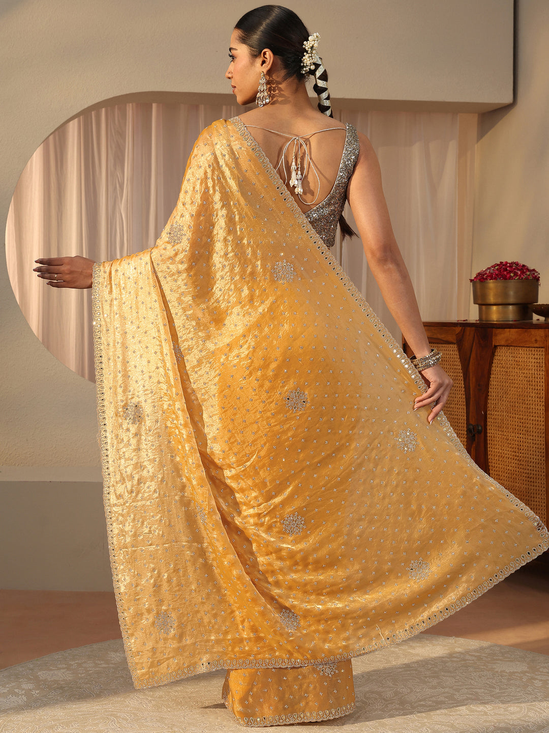 Mustard Embellished Tissue Saree