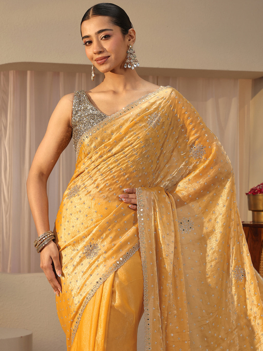 Mustard Embellished Tissue Saree