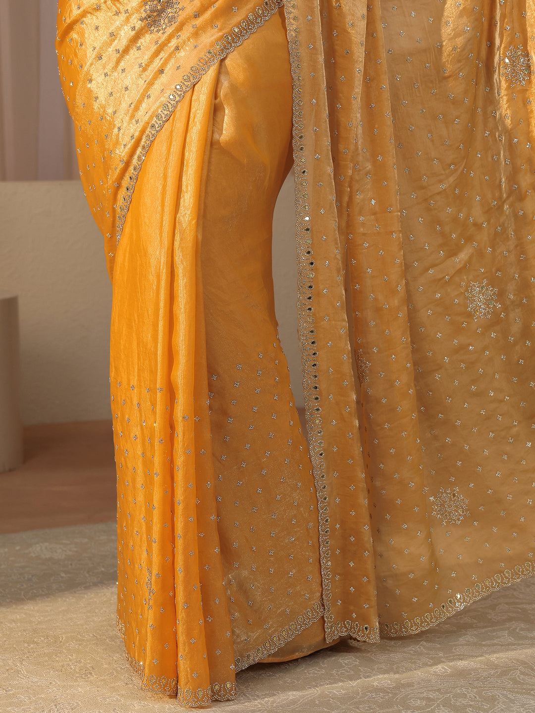 Mustard Embellished Tissue Saree