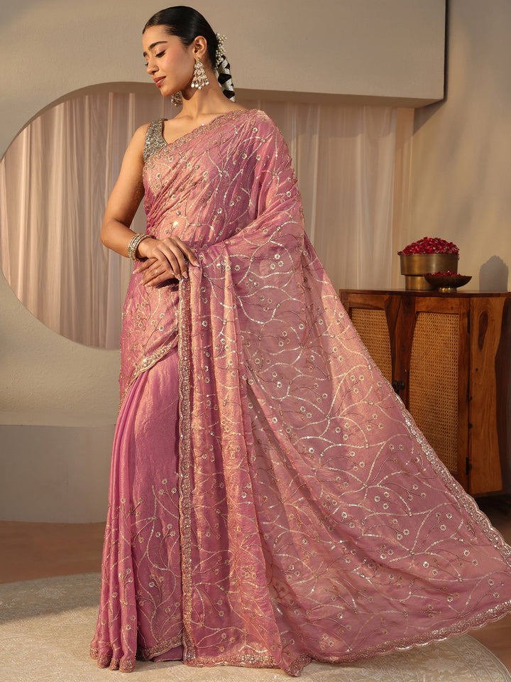 Libas Art Purple Floral Embroidered Tissue Saree