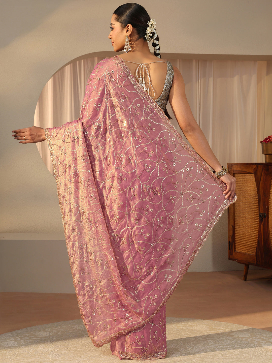 Libas Art Purple Floral Embroidered Tissue Saree
