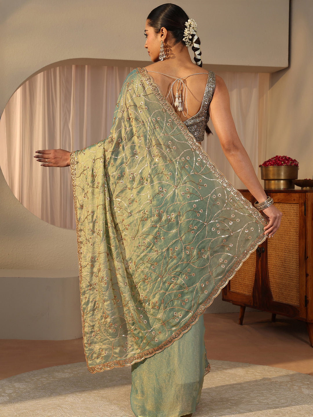 Libas Art Green Floral Embroidered Tissue Saree