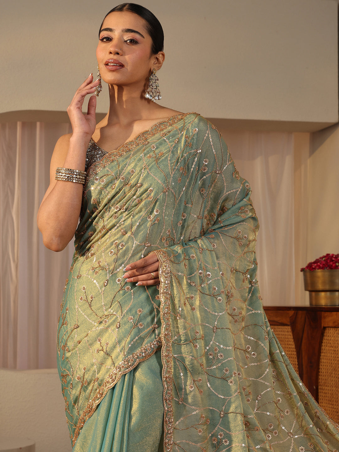 Libas Art Green Floral Embroidered Tissue Saree