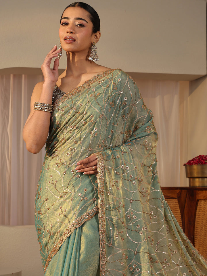 Libas Art Green Floral Embroidered Tissue Saree