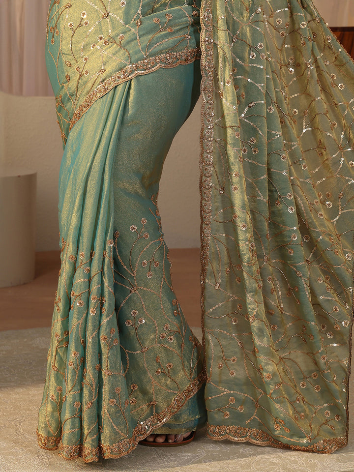 Libas Art Green Floral Embroidered Tissue Saree