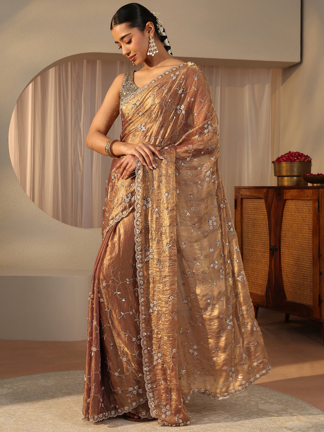 Libas Art Brown Embellished Tissue Saree
