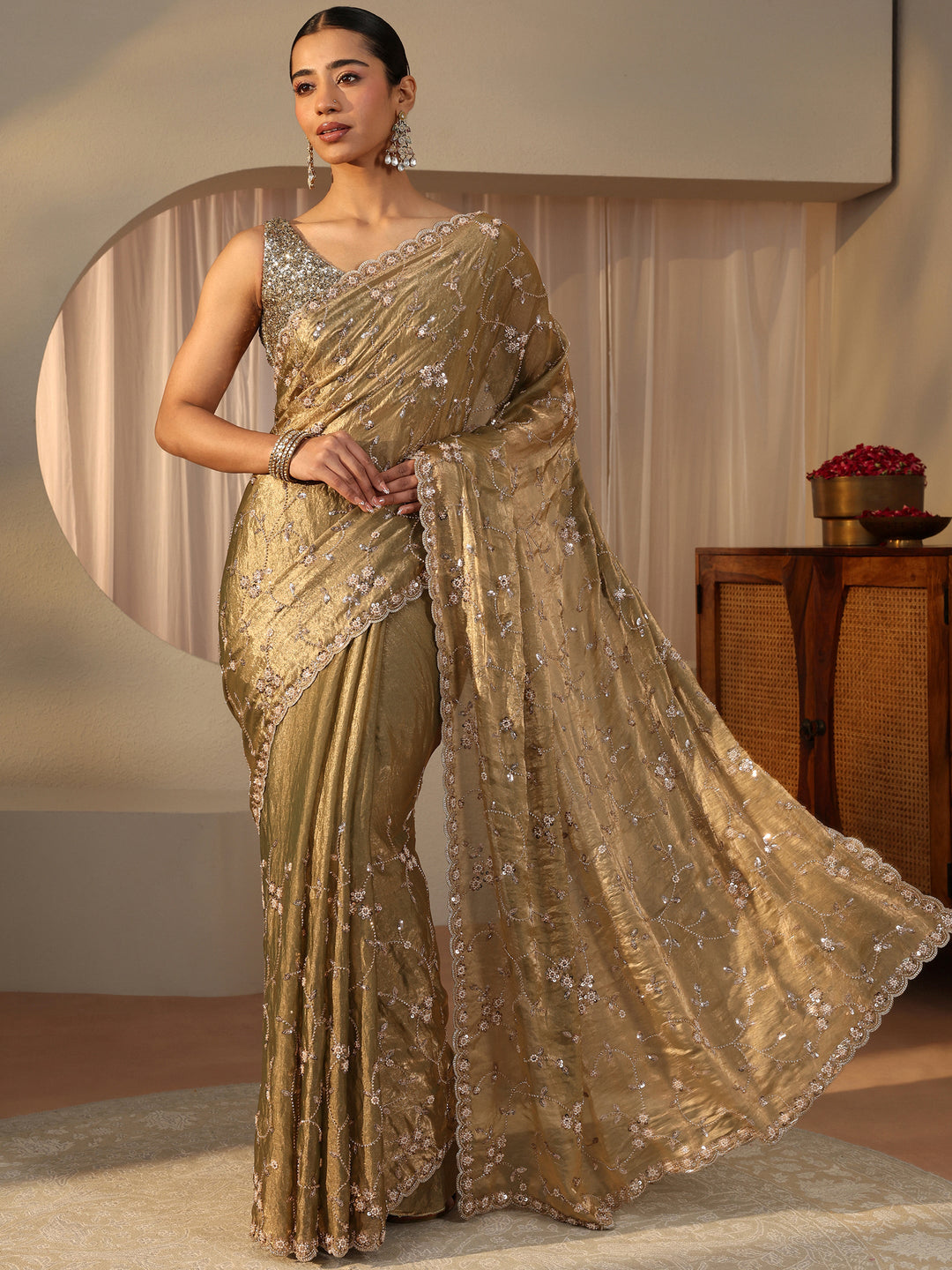 Libas Art Green Embellished Tissue Saree