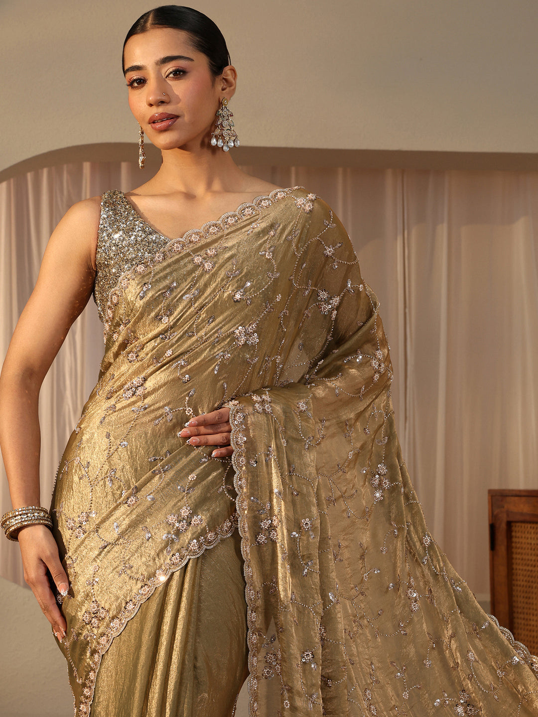 Libas Art Green Embellished Tissue Saree