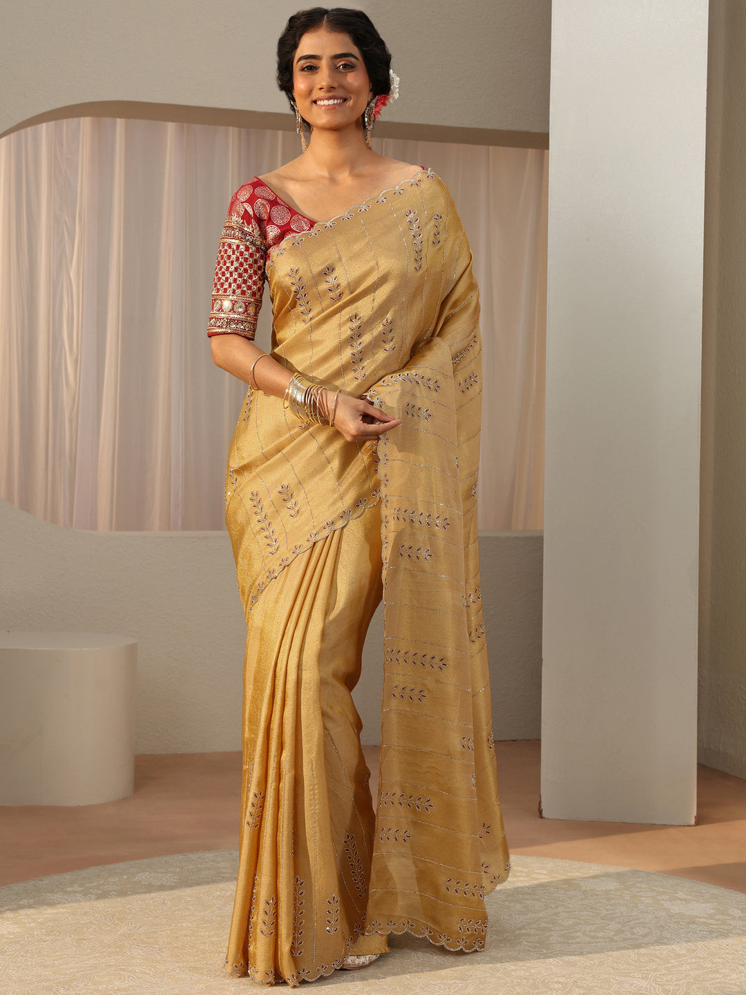 Libas Art Mustard Floral Embellished Satin Saree