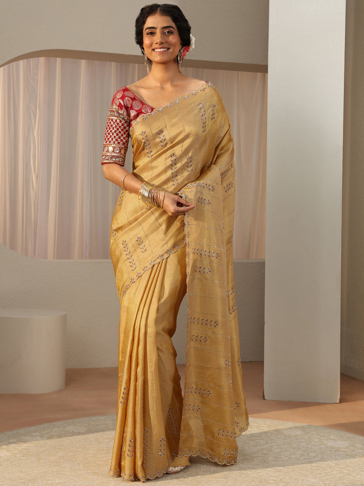 Libas Art Mustard Floral Embellished Satin Saree