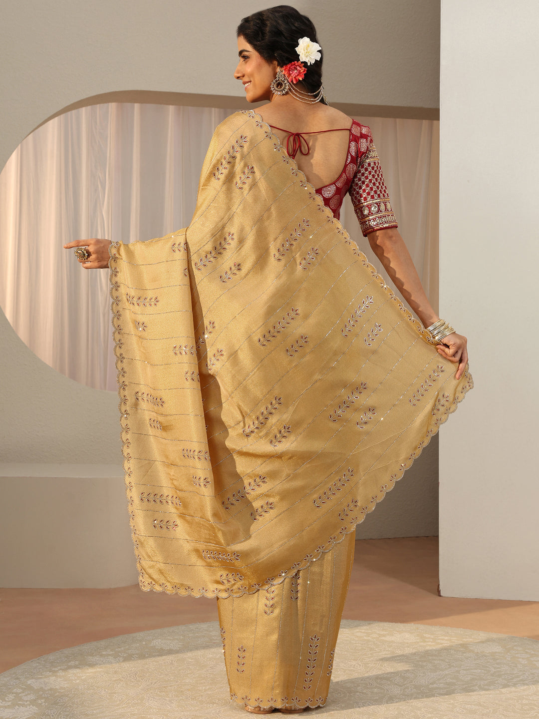 Libas Art Mustard Floral Embellished Satin Saree