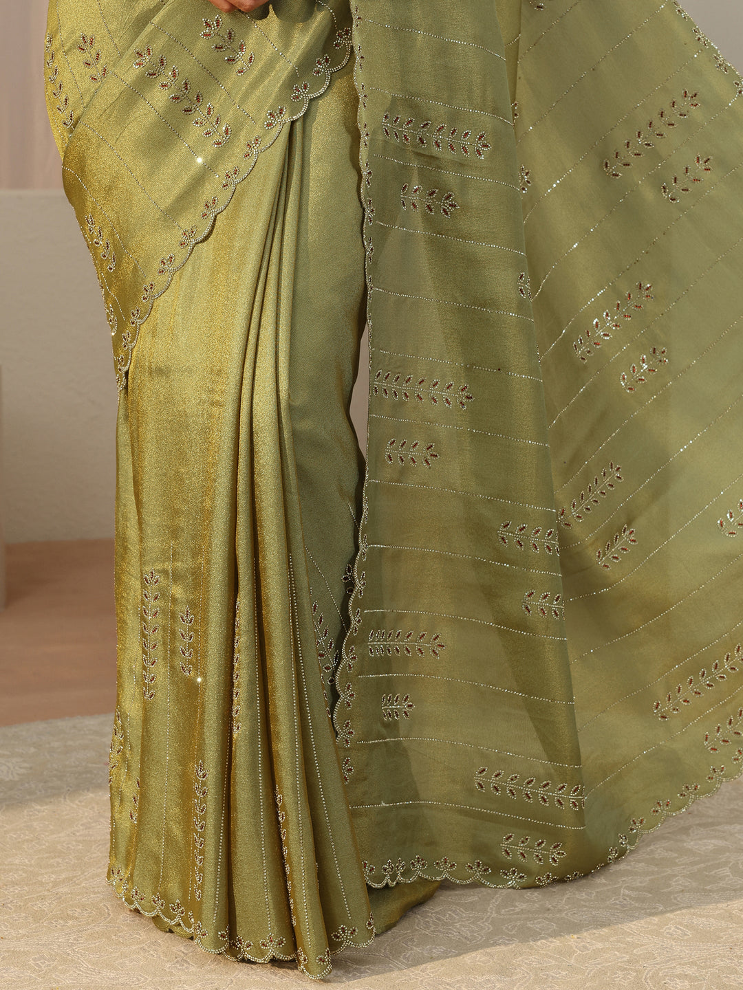 Libas Art Green Floral Embellished Satin Saree