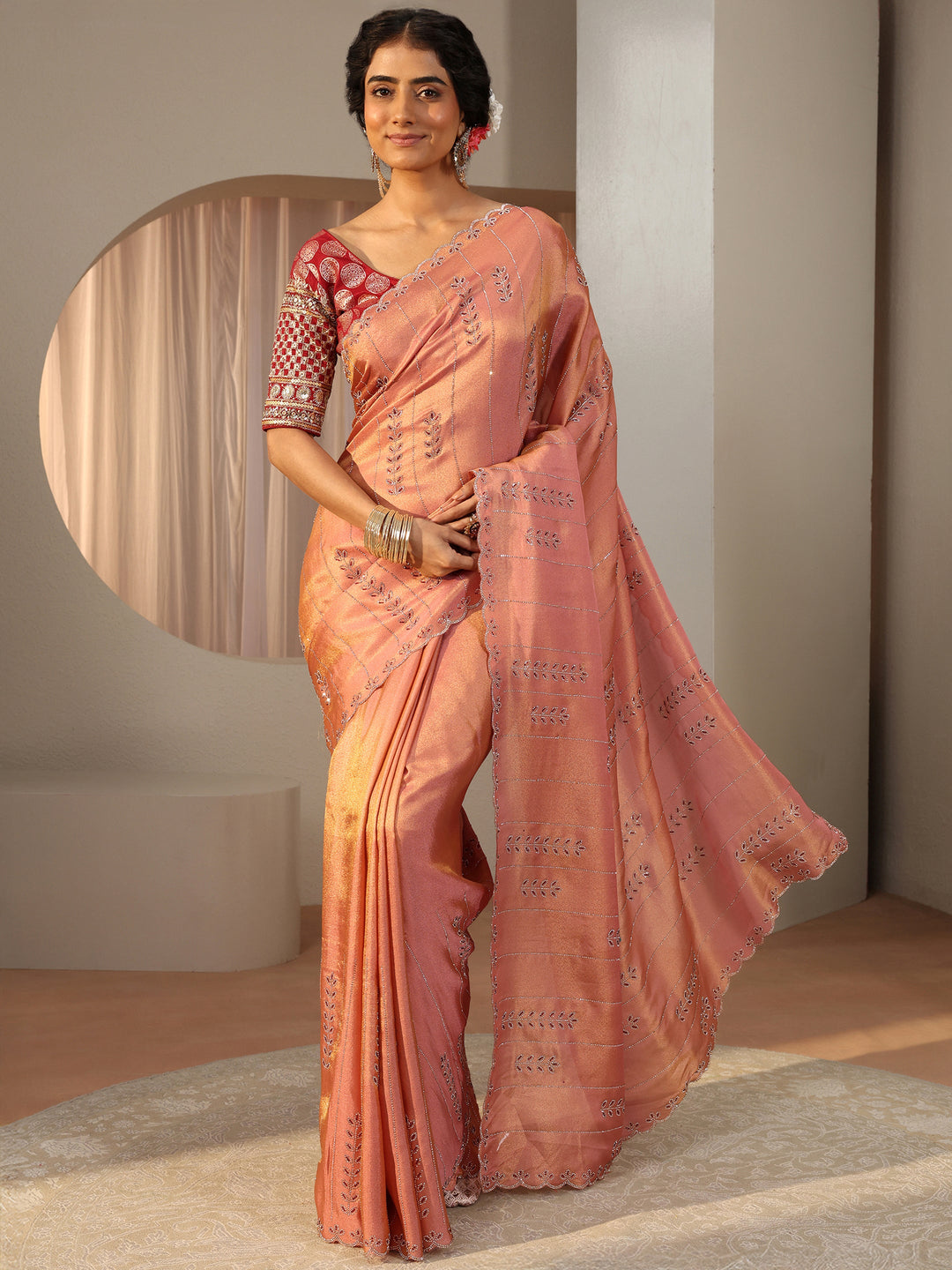 Libas Art Peach Floral Embellished Satin Saree