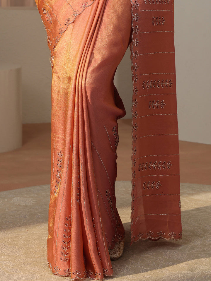 Libas Art Peach Floral Embellished Satin Saree
