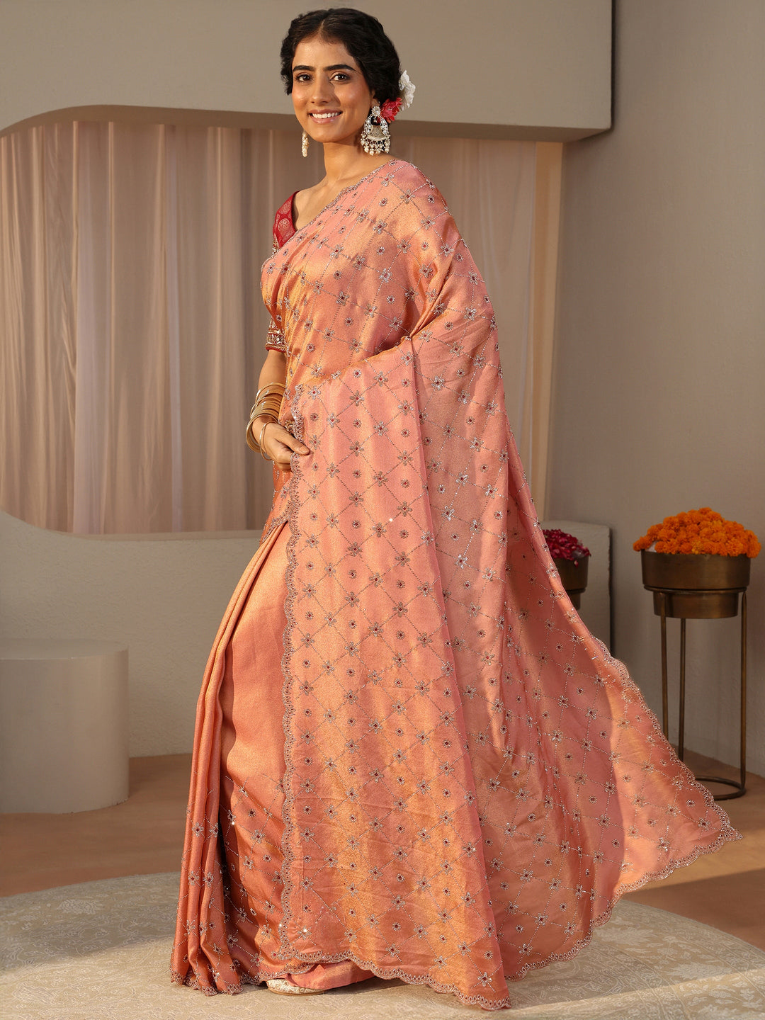 Libas Art Peach Floral Embellished Satin Saree