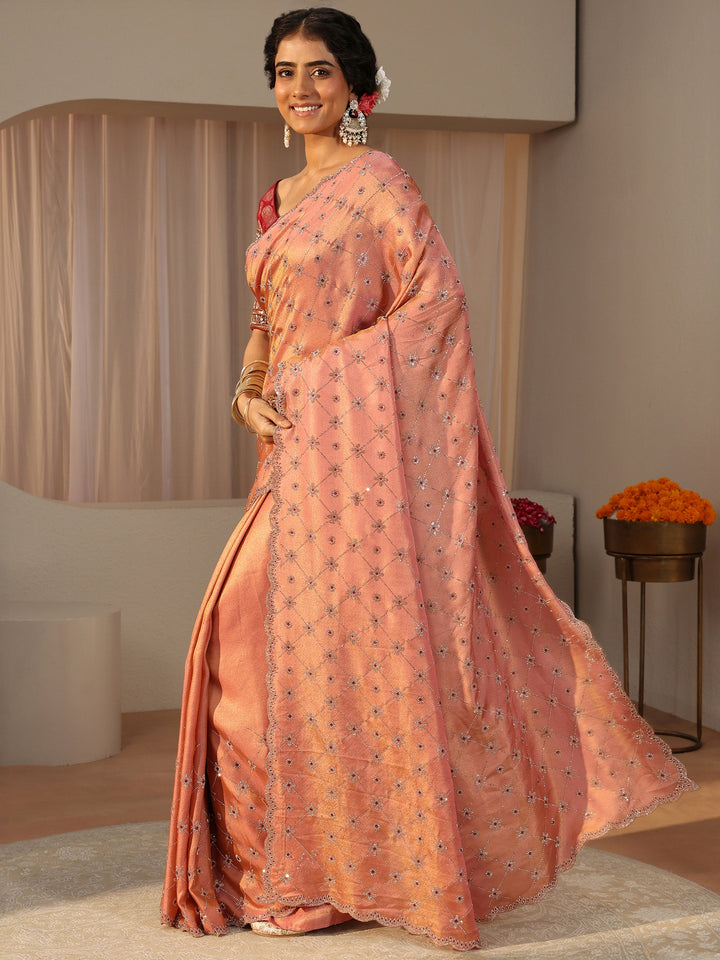 Libas Art Peach Floral Embellished Satin Saree
