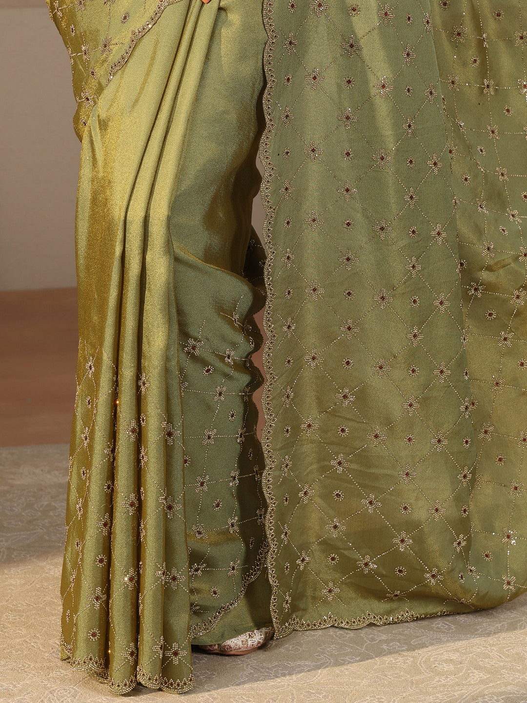 Libas Art Green Floral Embellished Satin Saree