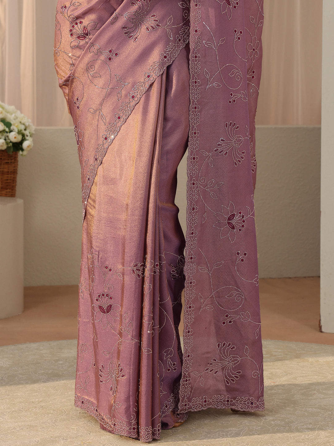 Libas Art Lavender Floral Embellished Satin Saree