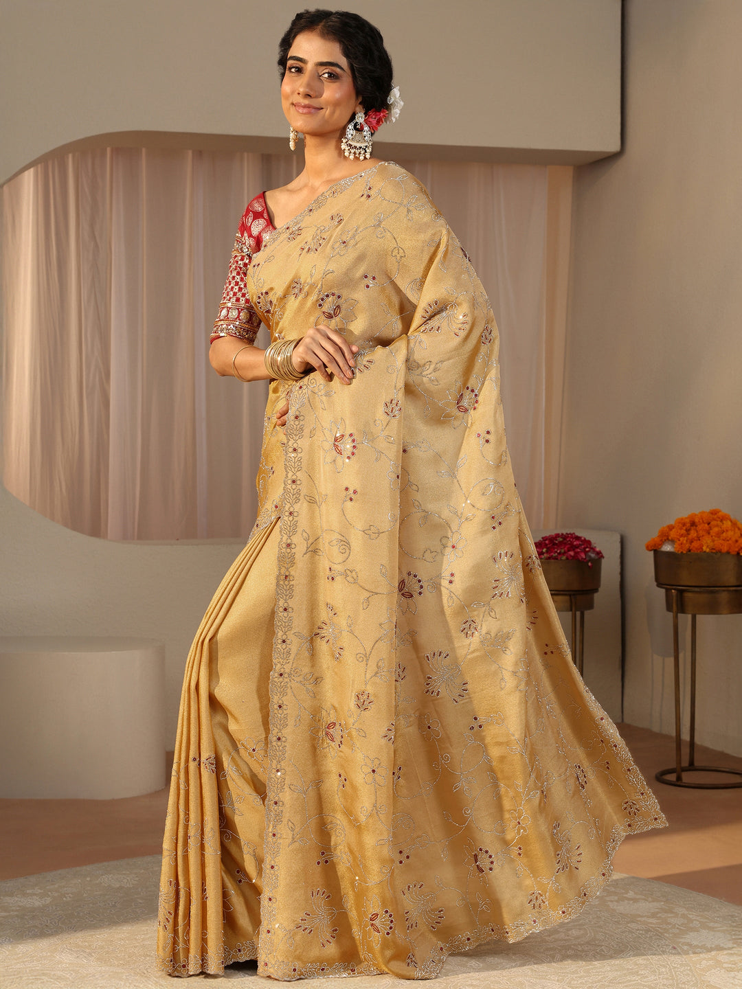 Libas Art Mustard Floral Embellished Satin Saree