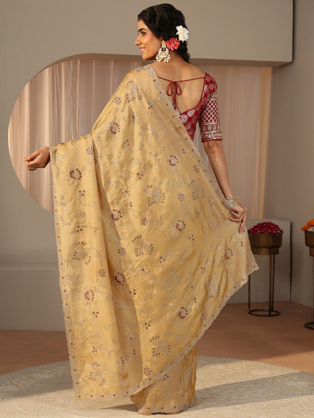 Libas Art Mustard Floral Embellished Satin Saree