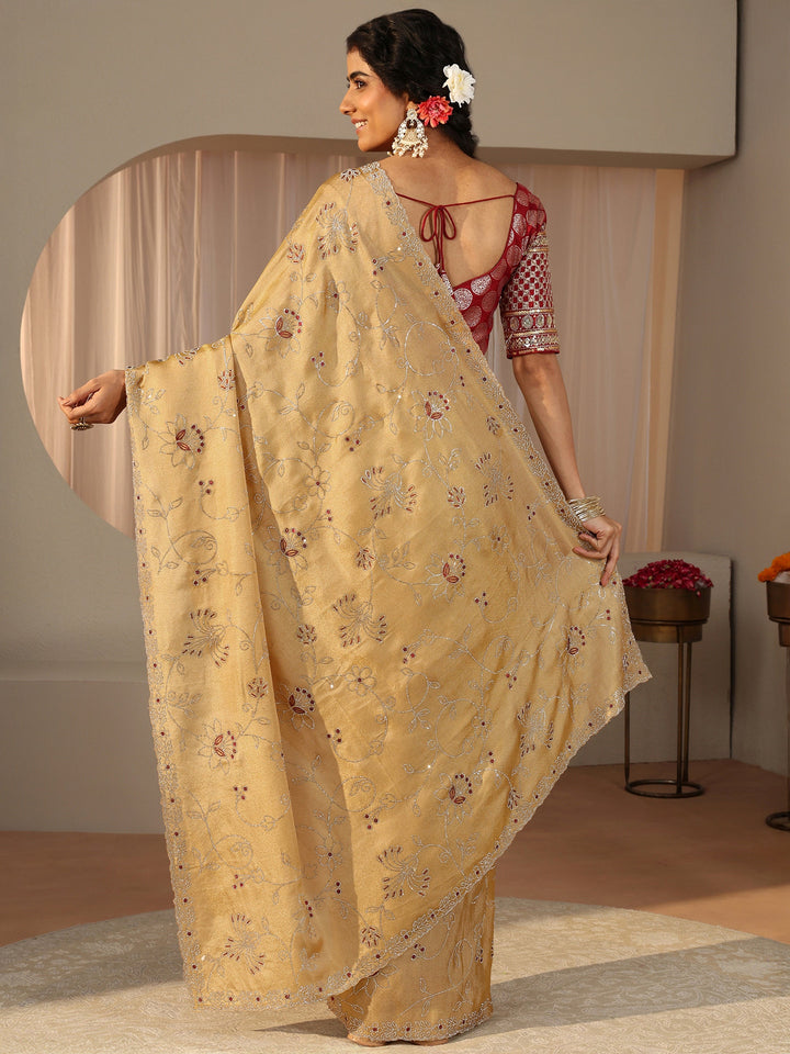 Libas Art Mustard Floral Embellished Satin Saree