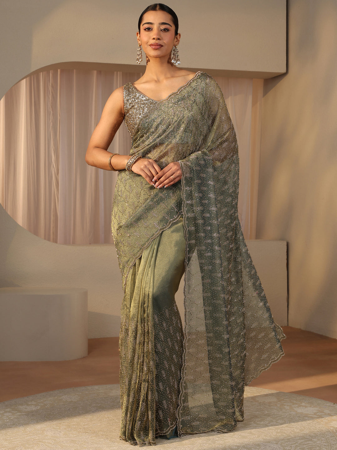 Libas Art Green Floral Embellished Tissue Saree
