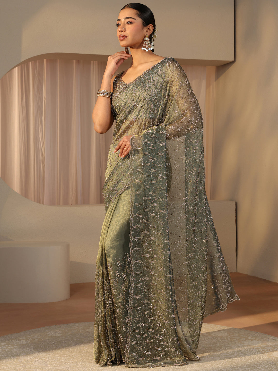 Libas Art Green Floral Embellished Tissue Saree