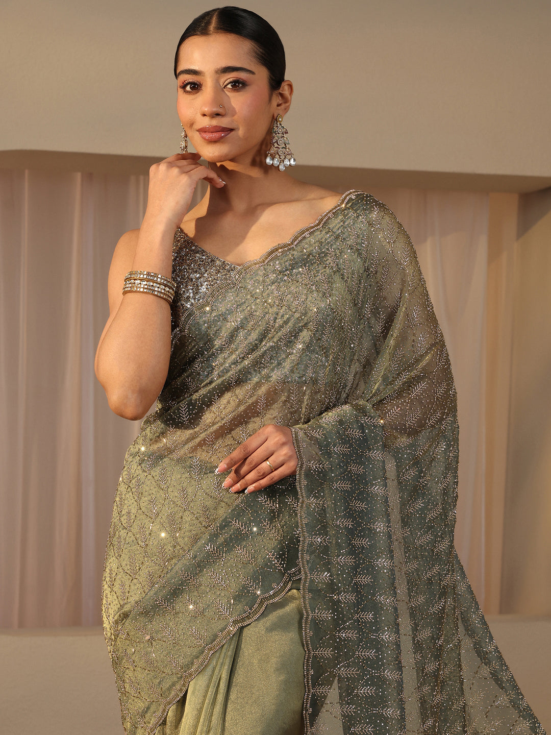 Libas Art Green Floral Embellished Tissue Saree