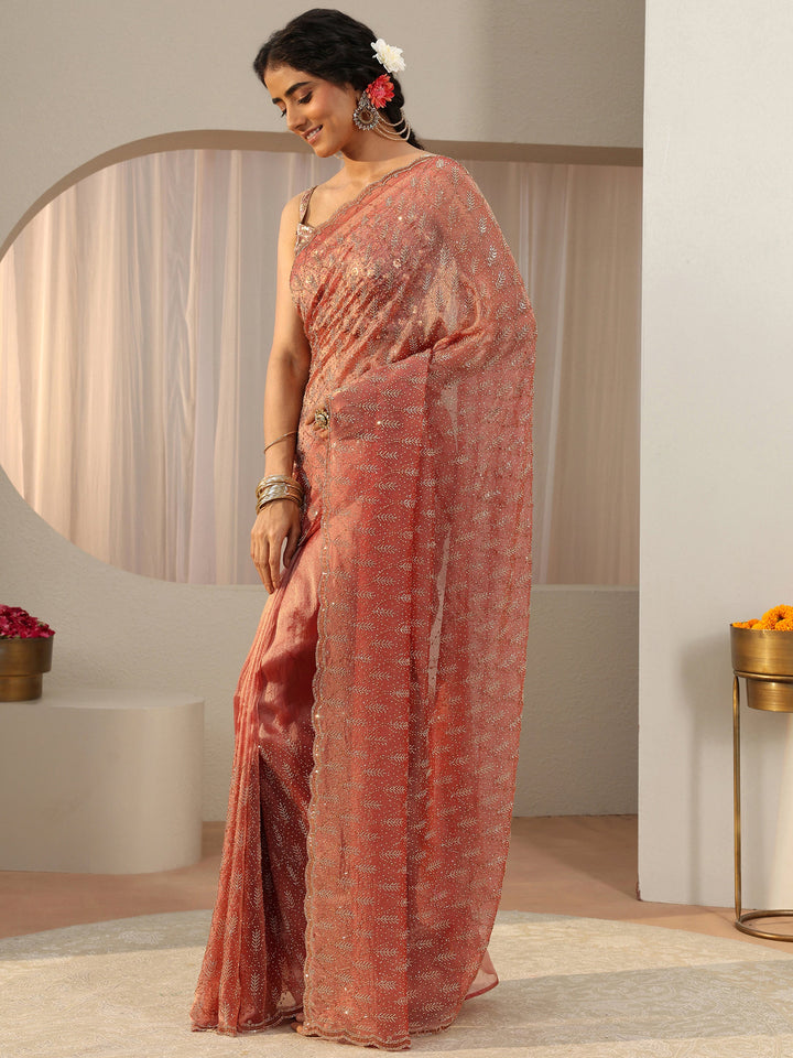 Libas Art Peach Floral Embellished Tissue Saree