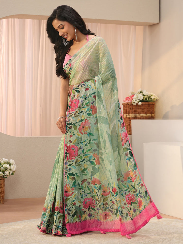 Green Floral Printed Silk Blend Saree