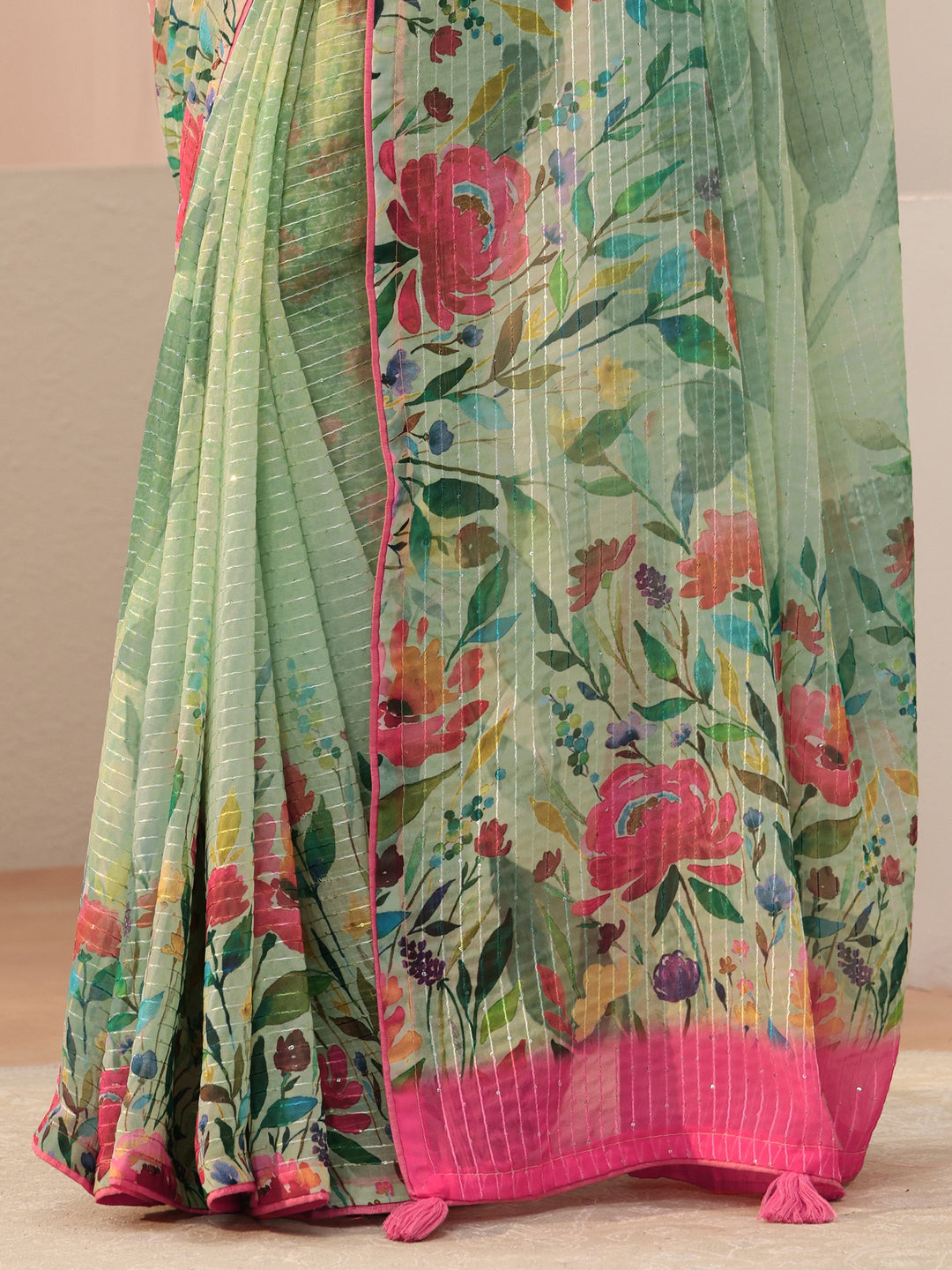 Green Floral Printed Silk Blend Saree