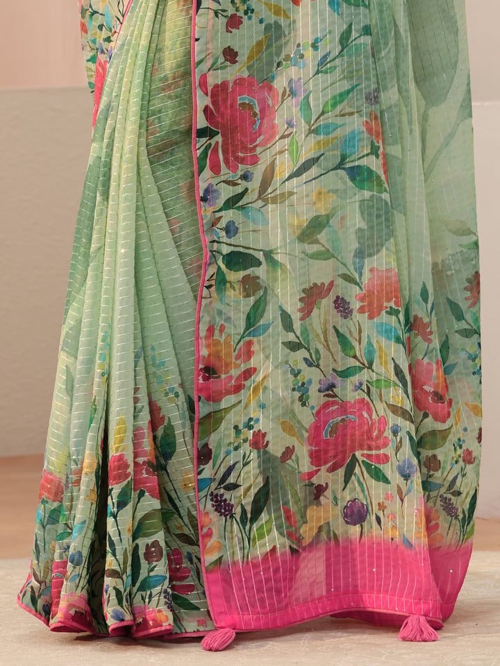 Green Floral Printed Silk Blend Saree