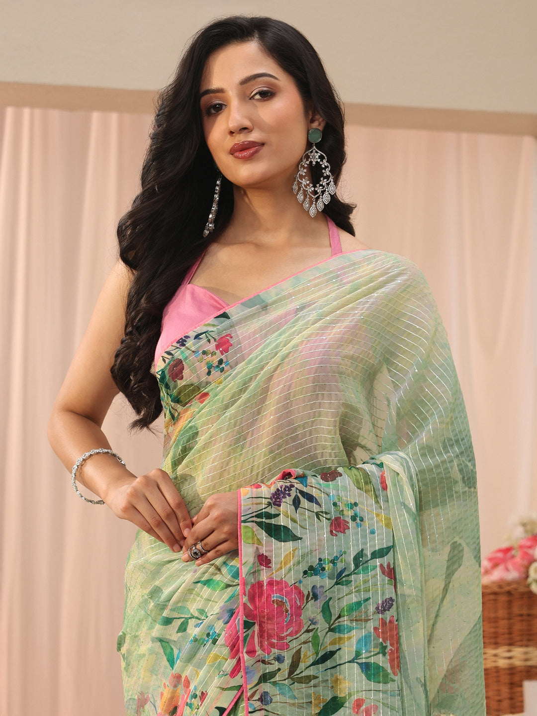 Green Floral Printed Silk Blend Saree