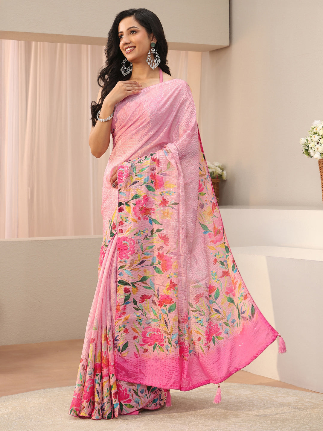 Pink Floral Printed Silk Blend Saree