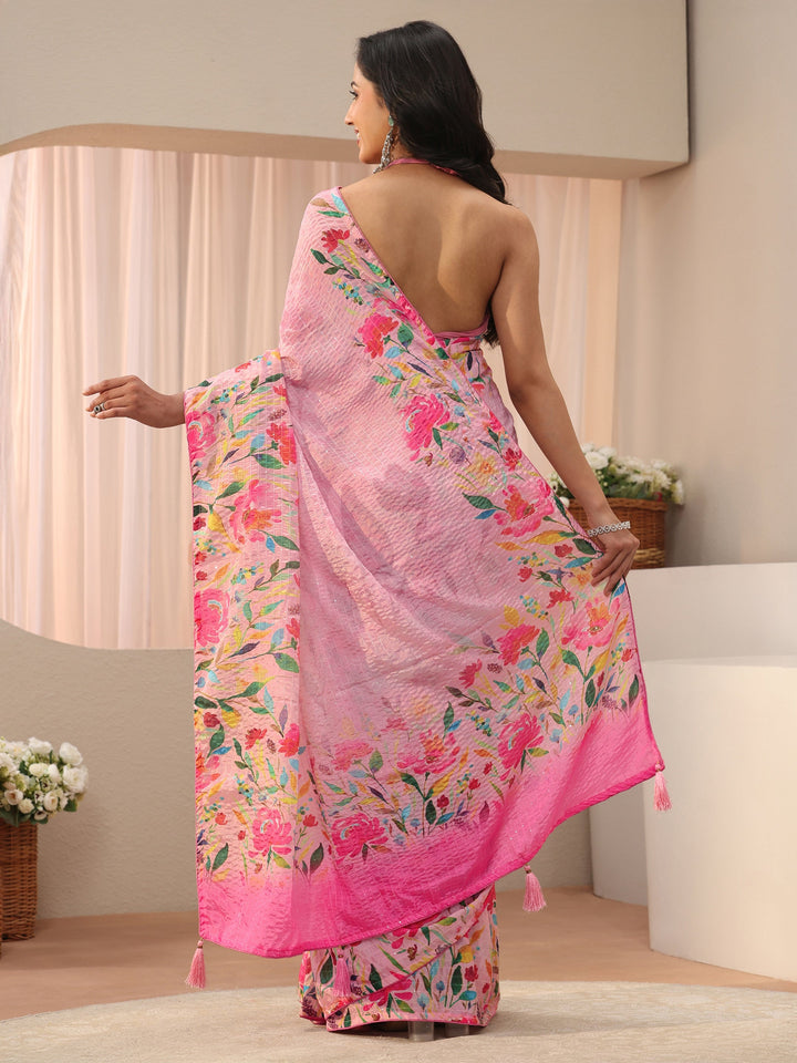 Pink Floral Printed Silk Blend Saree