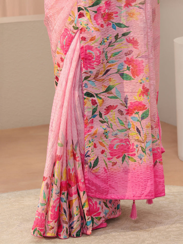 Pink Floral Printed Silk Blend Saree