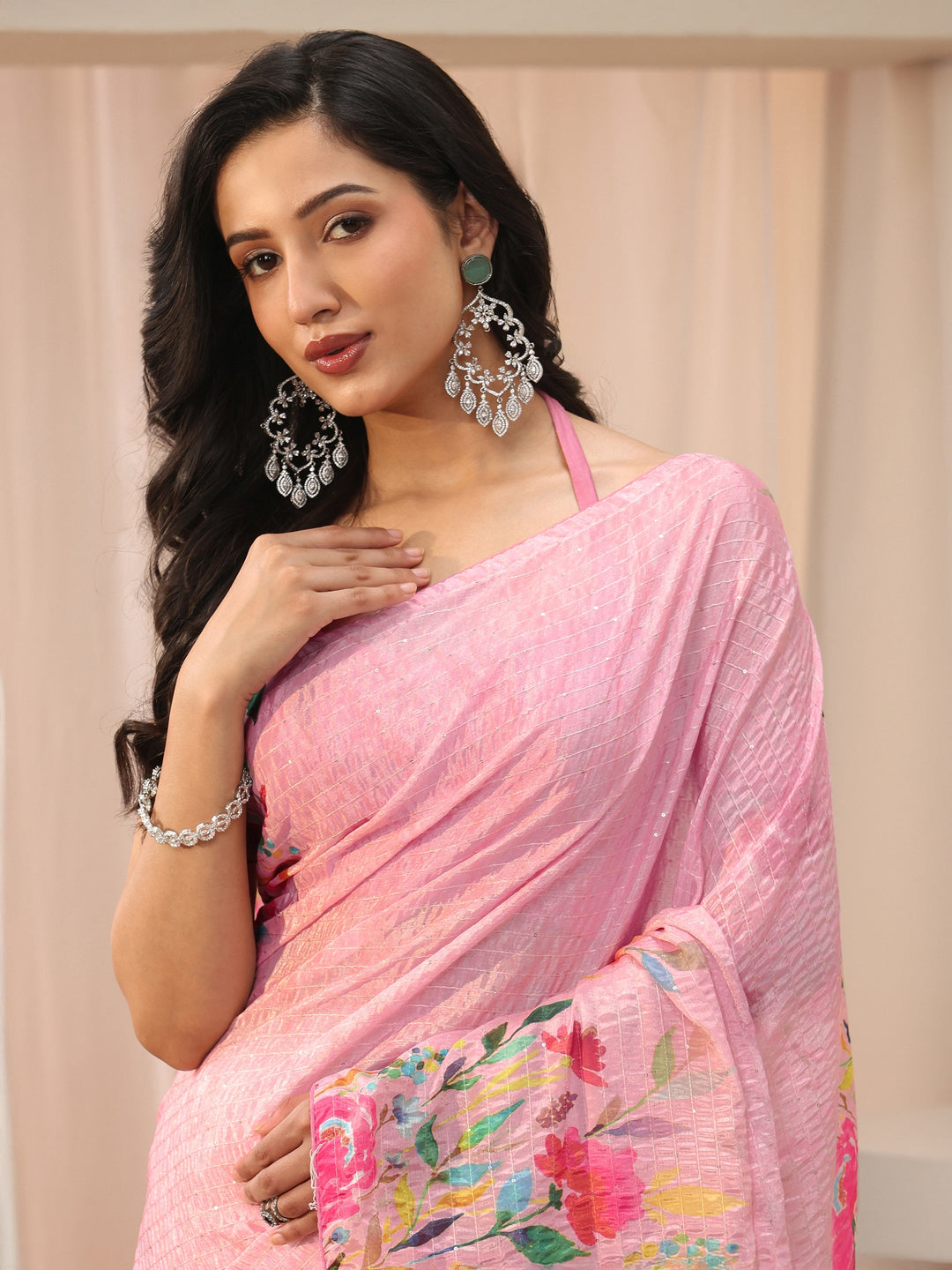 Pink Floral Printed Silk Blend Saree